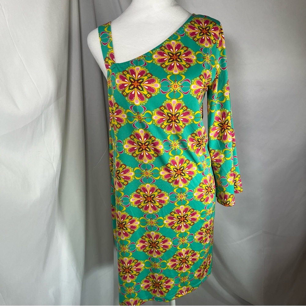 Tracy Negoshian One-Shoulder Rylee Solstice Dress Turquoise &‎ Pink Size Small